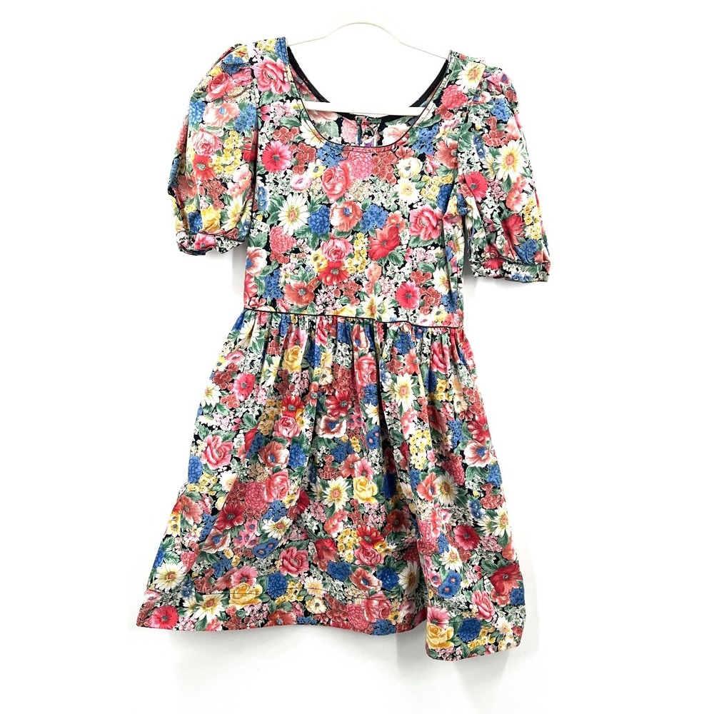 80s Komil Vintage Hawaiian Floral fit & flare Dress party cottagecore sundress S